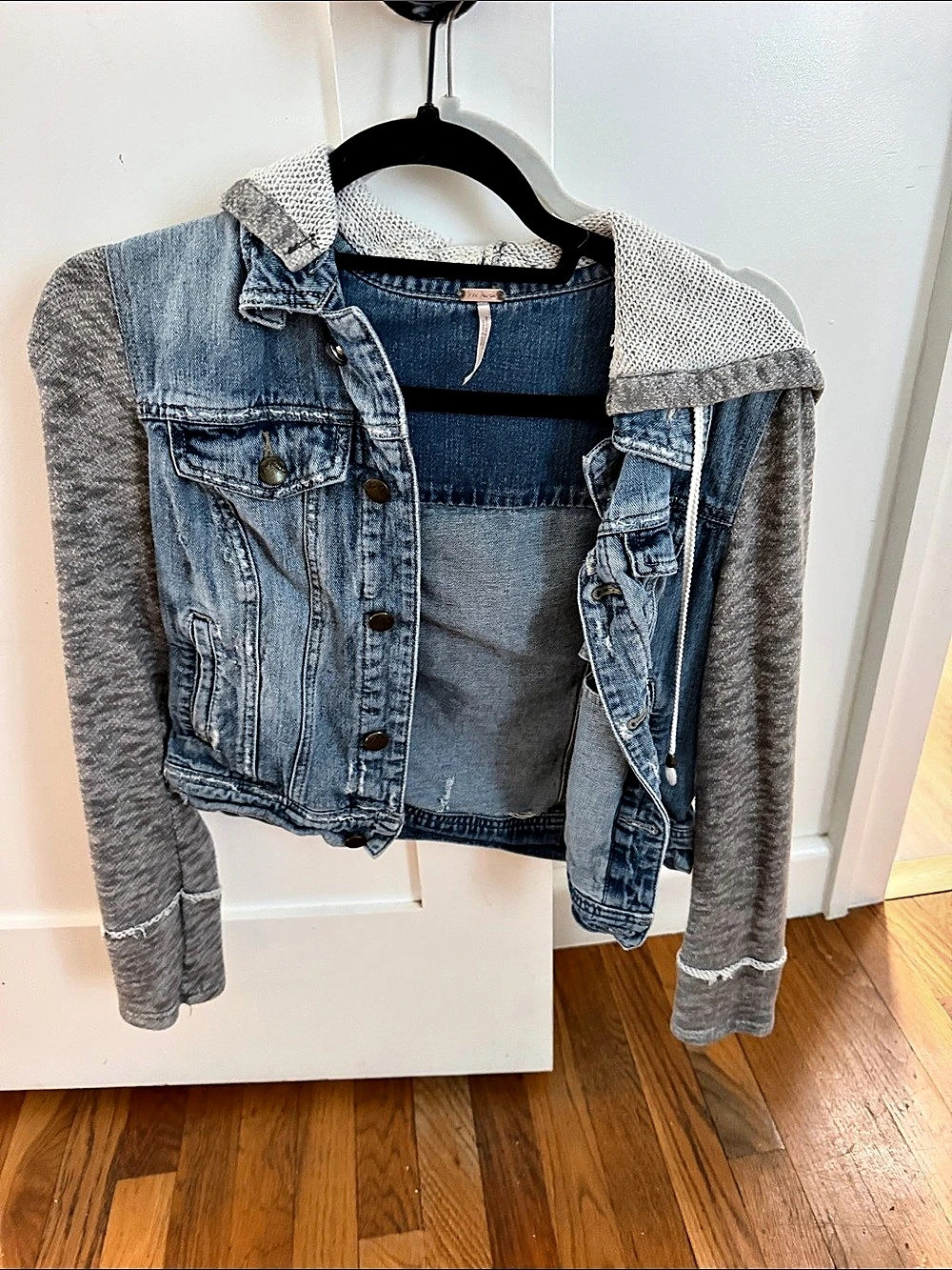 Free People Mixed Media Hooded Knit Denim Crop Jacket Blue & Gray